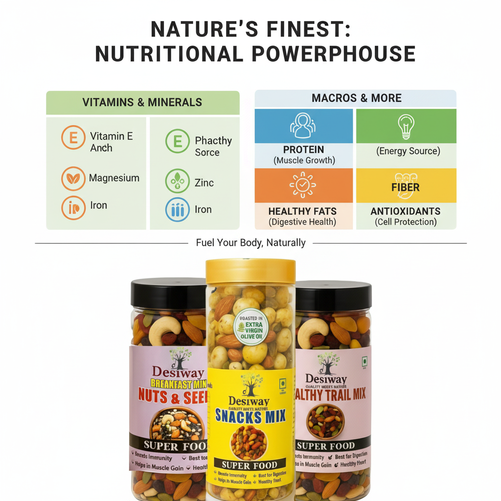 Desiway Dry Fruits Combo | Trail Mix, Breakfast Mix & Olive Oil Roasted Snacks Mix