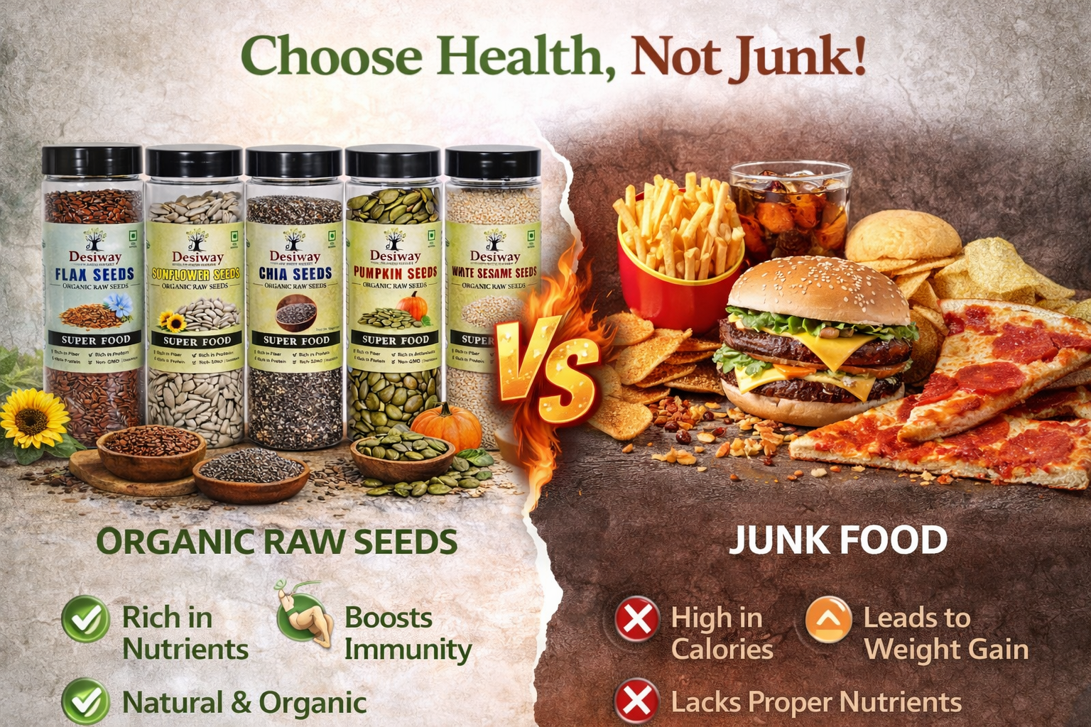 Desiway Super 5 Seeds Combo | Chia, Flax, Pumpkin, Sunflower & Sesame Seeds | Healthy Superfood Mix