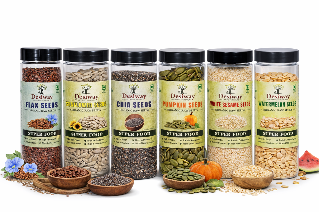 Desiway Organic Raw 6 Seeds Combo | Chia, Flax, Pumpkin, Sunflower, Sesame & Watermelon Seeds