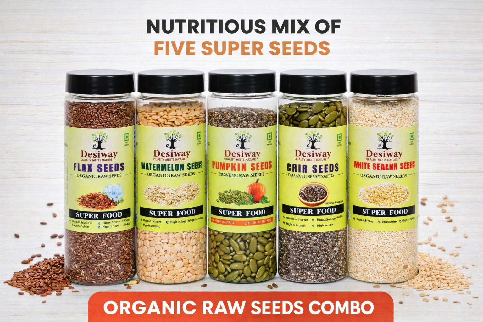 Desiway Super 5 Seeds Combo | Chia, Flax, Pumpkin, Sunflower & Sesame Seeds | Healthy Superfood Mix