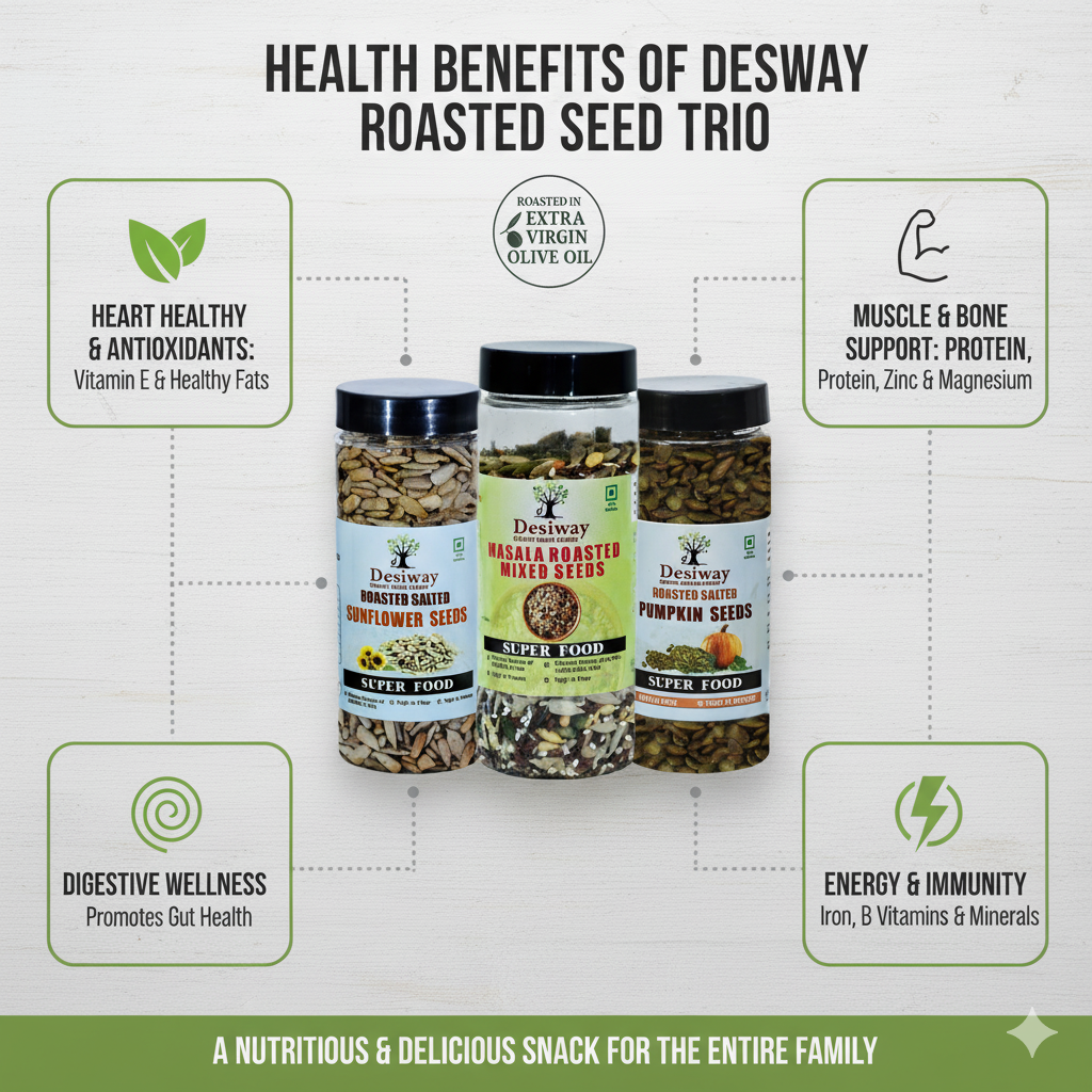 Desiway Olive Oil Roasted Seeds Combo | Sunflower, Pumpkin & Masala Mixed Seeds | Healthy Protein Snack