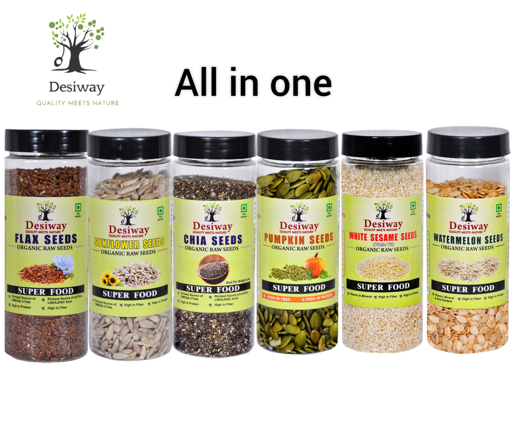 Desiway Organic Raw 6 Seeds Combo | Chia, Flax, Pumpkin, Sunflower, Sesame & Watermelon Seeds