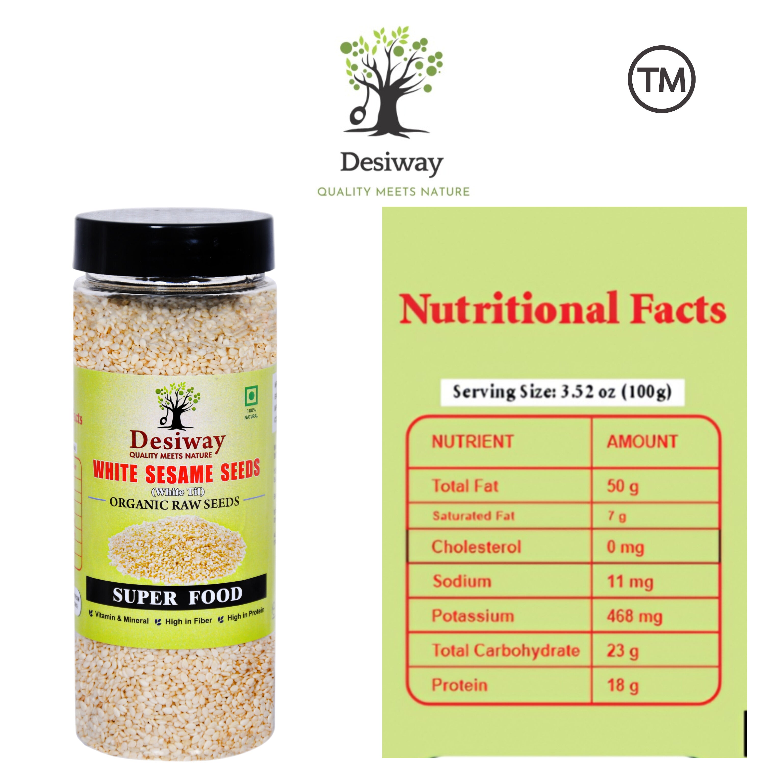 Desiway White Sesame Seeds 200g | Till for Eating | Organic Raw Seeds, High in Protein and Fibre, Super Food