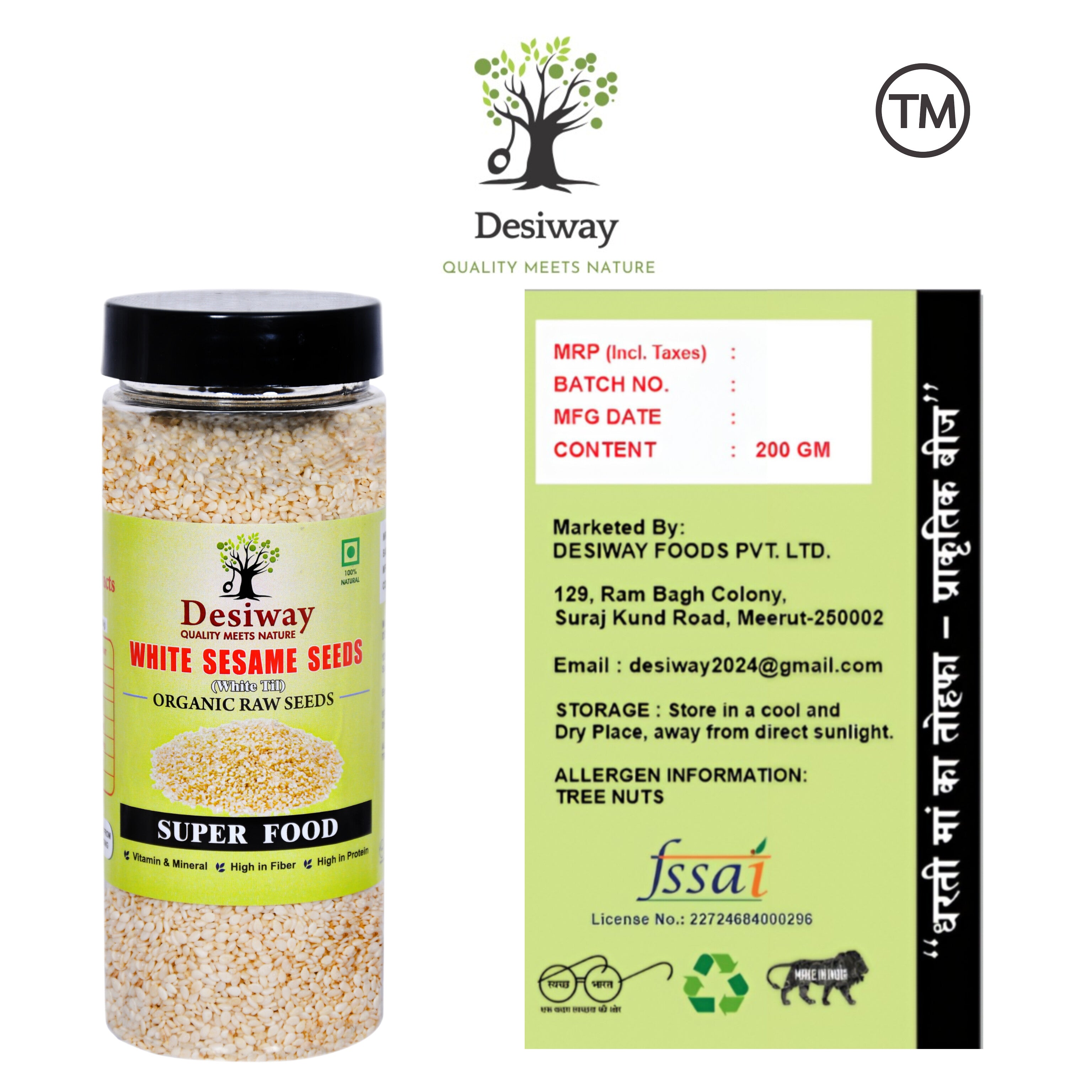Desiway White Sesame Seeds 200g | Till for Eating | Organic Raw Seeds, High in Protein and Fibre, Super Food