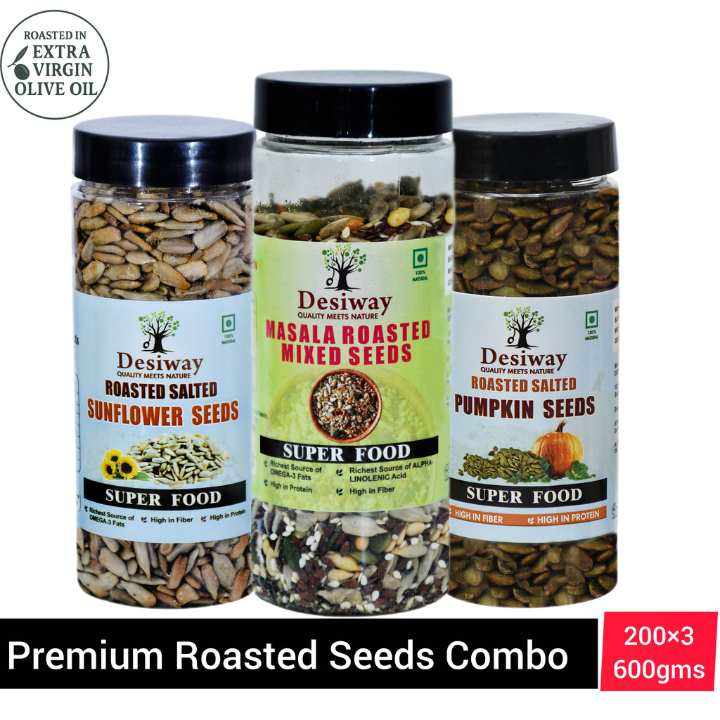 Desiway Olive Oil Roasted Seeds Combo | Sunflower, Pumpkin & Masala Mixed Seeds | Healthy Protein Snack