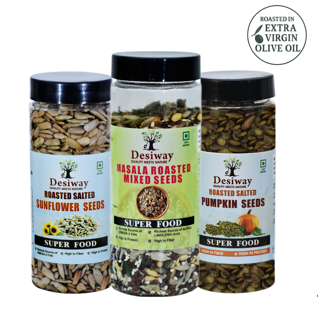 Desiway Olive Oil Roasted Seeds Combo | Sunflower, Pumpkin & Masala Mixed Seeds | Healthy Protein Snack