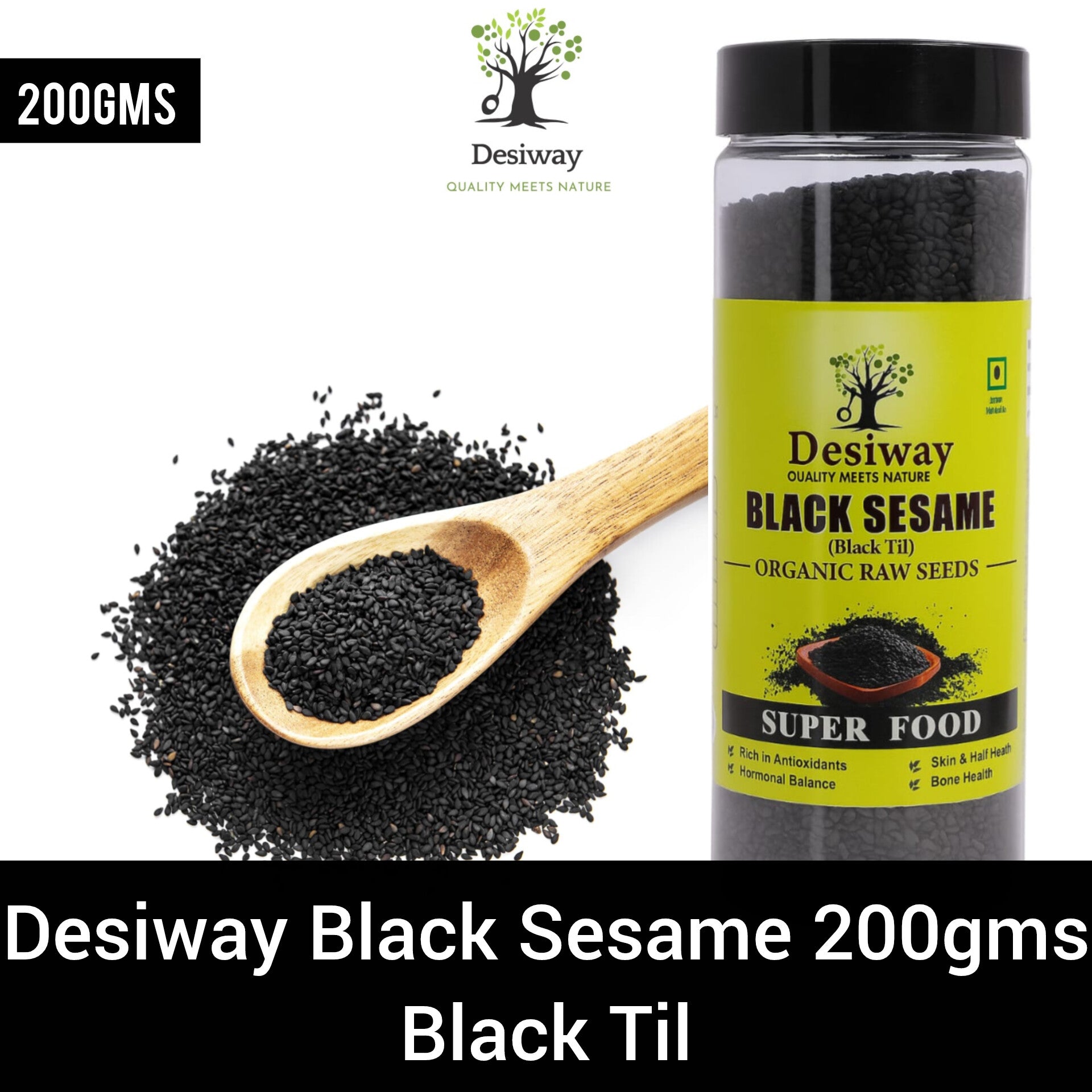Desiway Black Sesame Seeds, Organic Raw Black Til, Super Food for Skin, Hair and Bone Health, Rich in Antioxidants 200gms