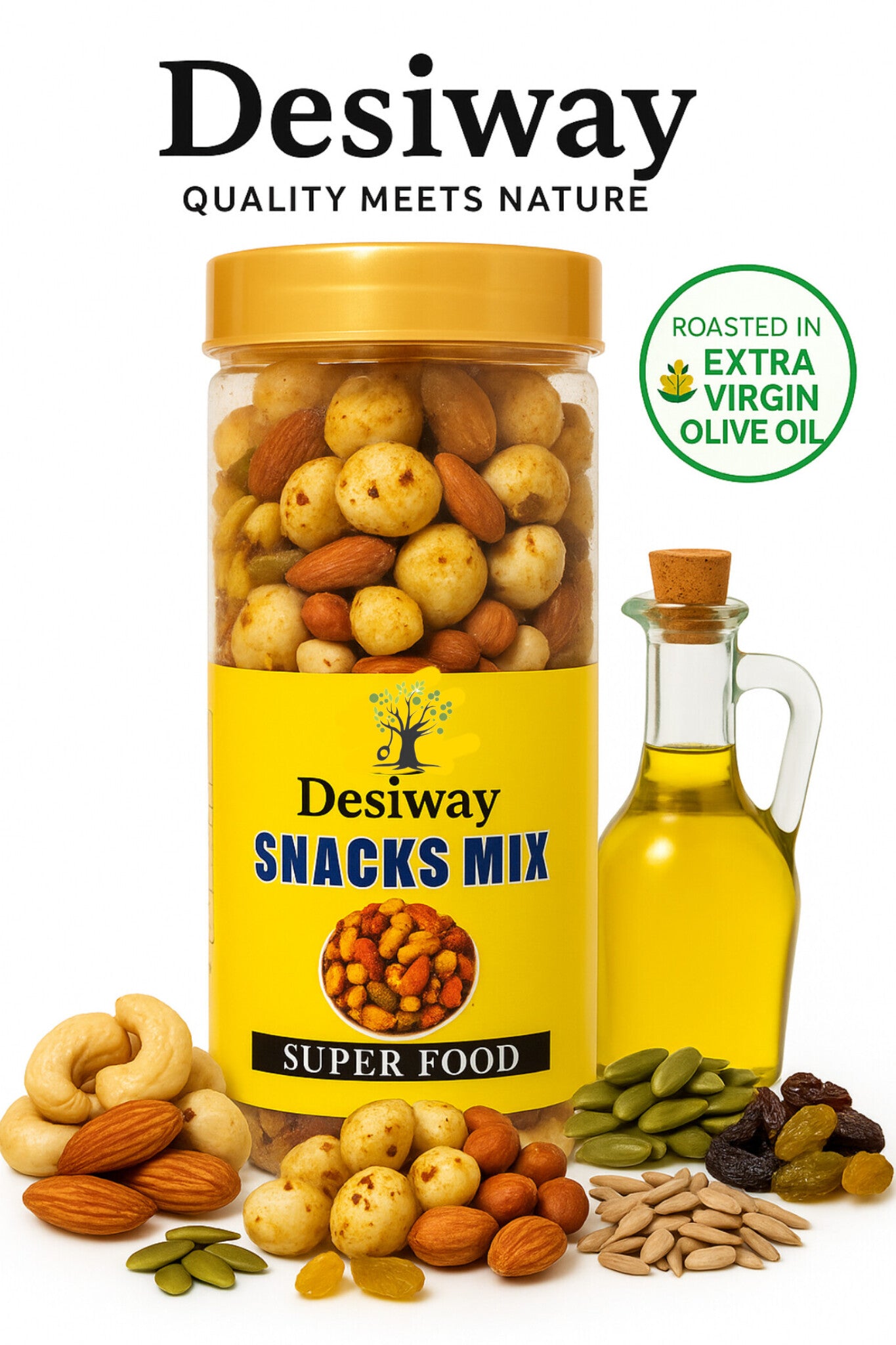 Desiway Premium Snacks Mix with Almonds, Roasted in Extra Virgin Olive Oil, Super Food for Immunity and Digestion, Quality Mixed Nuts