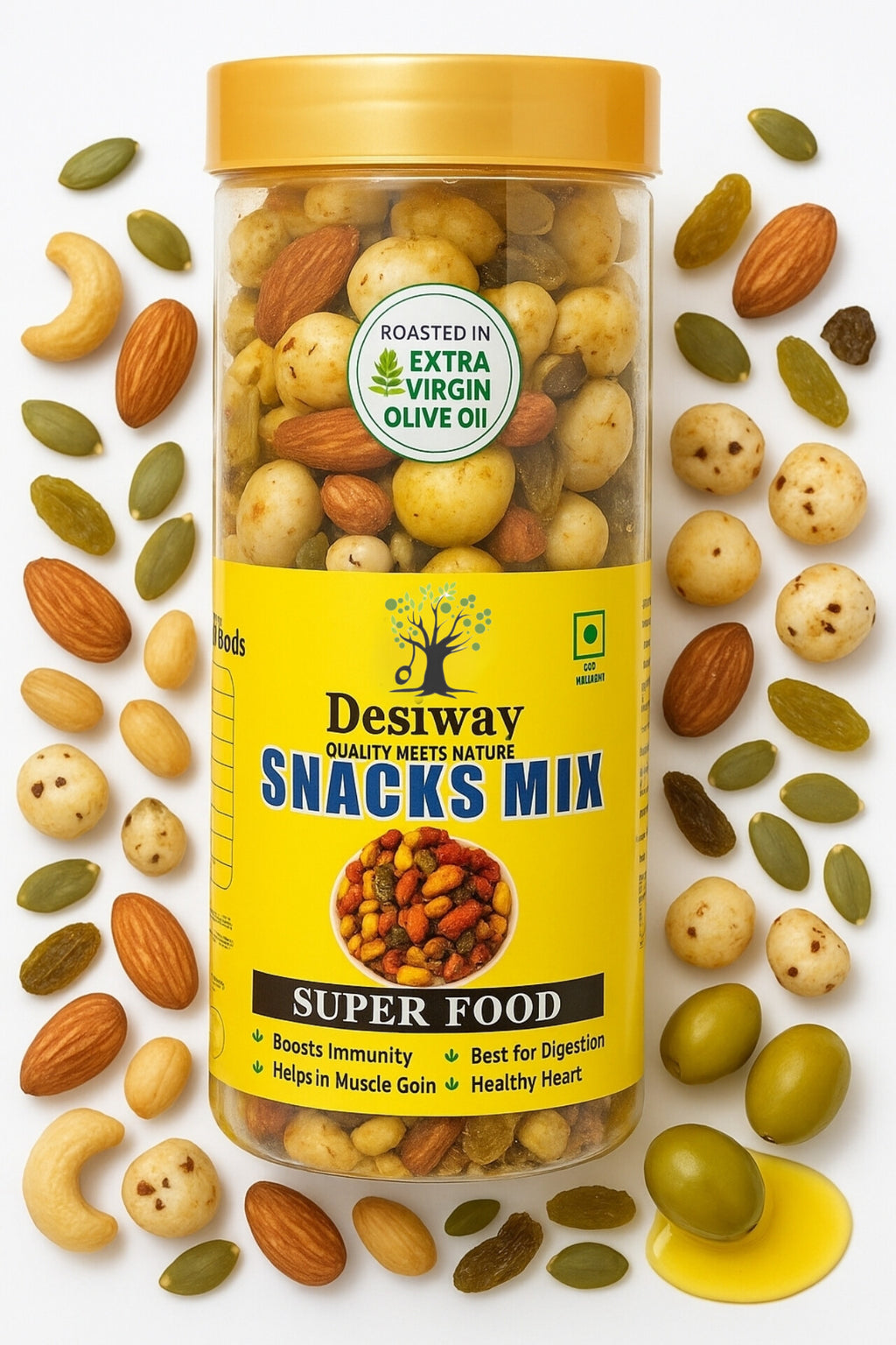 Desiway Premium Snacks Mix with Almonds, Roasted in Extra Virgin Olive Oil, Super Food for Immunity and Digestion, Quality Mixed Nuts