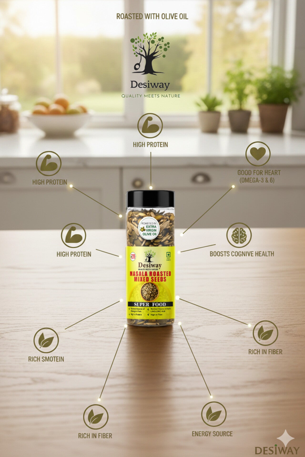 Desiway Masala Roasted Mixed Seeds, Olive Oil Roasted, Super Food, High in Protein and Omega-3, Natural, Health Namkeen,Mixed Seeds Chaat 200gms