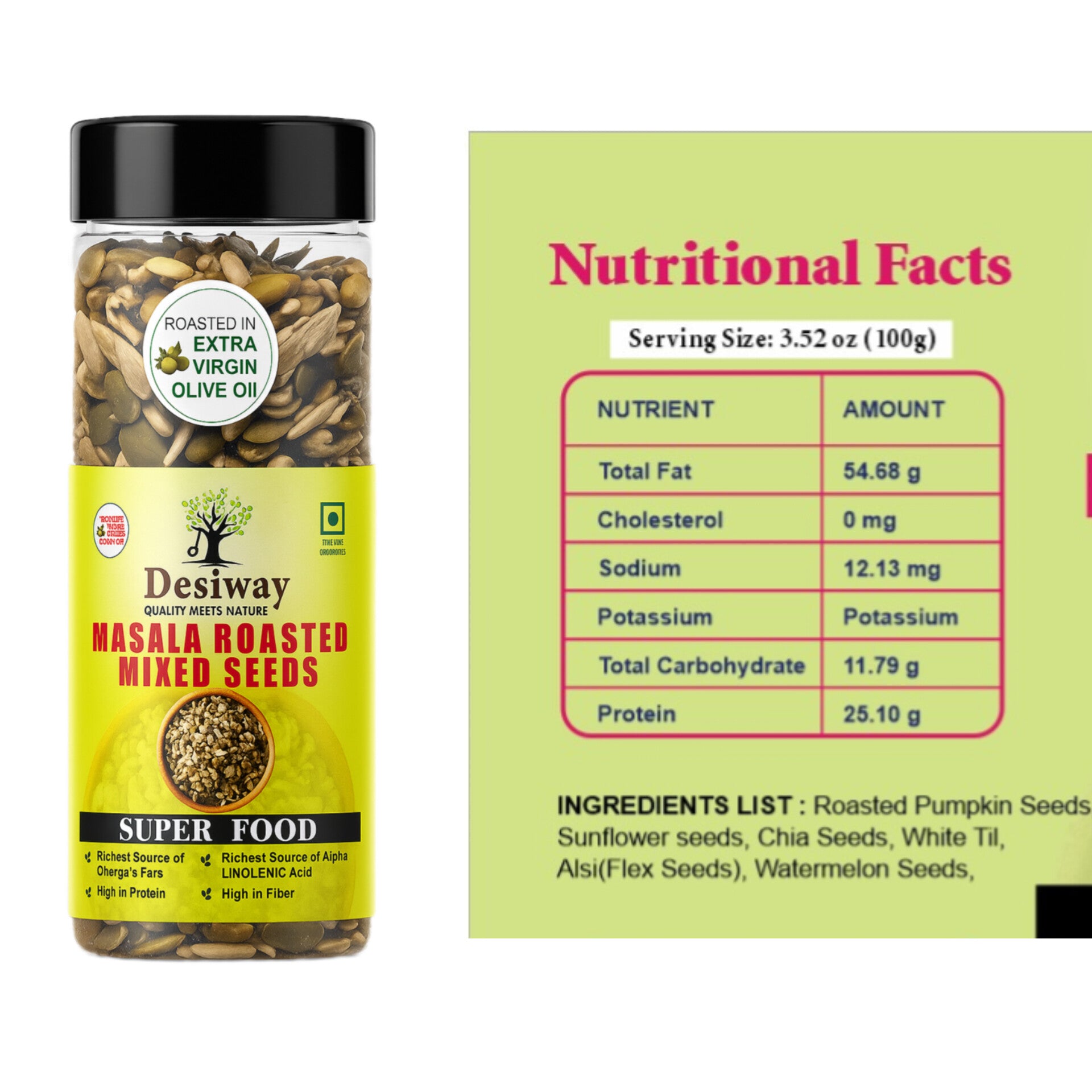 Desiway Masala Roasted Mixed Seeds, Olive Oil Roasted, Super Food, High in Protein and Omega-3, Natural, Health Namkeen,Mixed Seeds Chaat 200gms