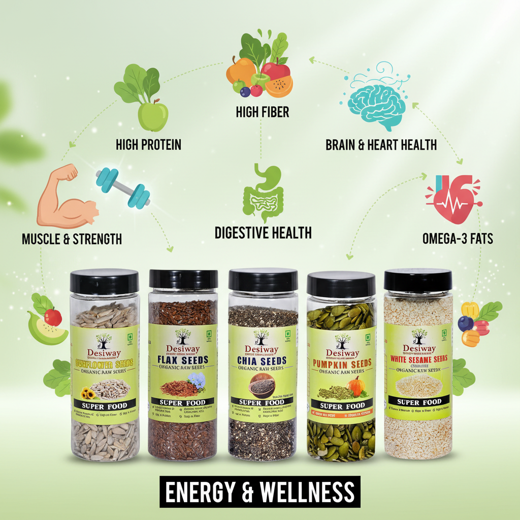 Desiway Super 5 Seeds Combo | Chia, Flax, Pumpkin, Sunflower & Sesame Seeds | Healthy Superfood Mix