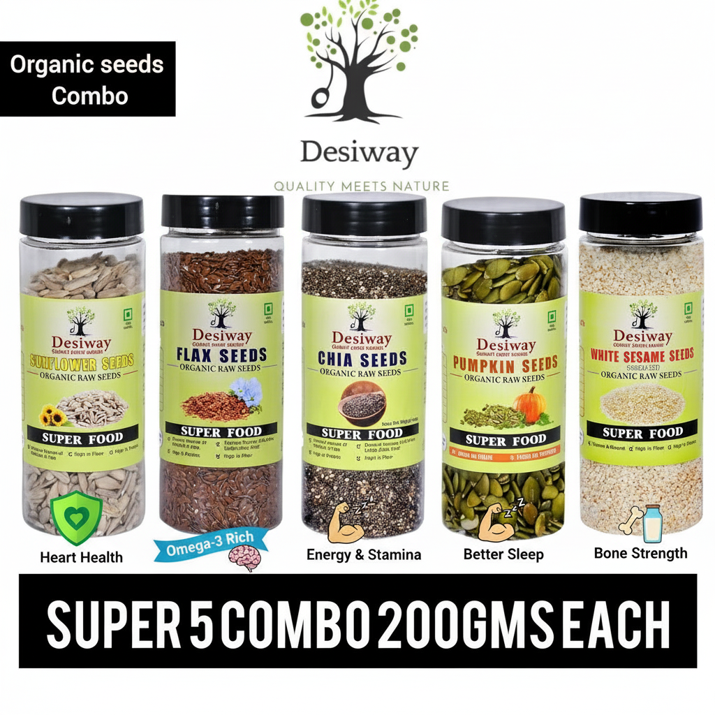 Desiway Super 5 Seeds Combo | Chia, Flax, Pumpkin, Sunflower & Sesame Seeds | Healthy Superfood Mix